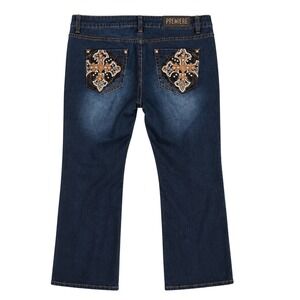 Rue21‎ Premiere Womens Blue Bootcut Jeans Cross Embroidered Studded Tall 20R